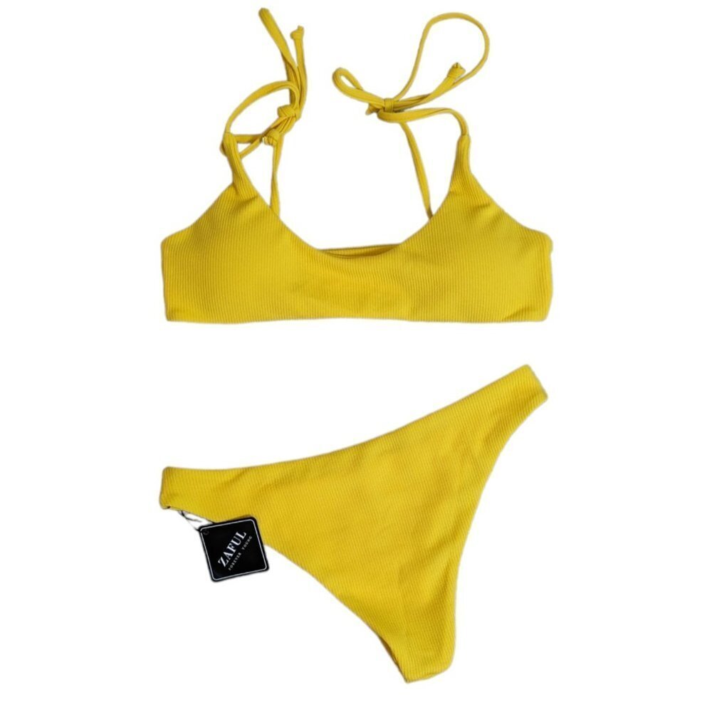 Zaful Yellow Ribbed Bikini Set Women Large